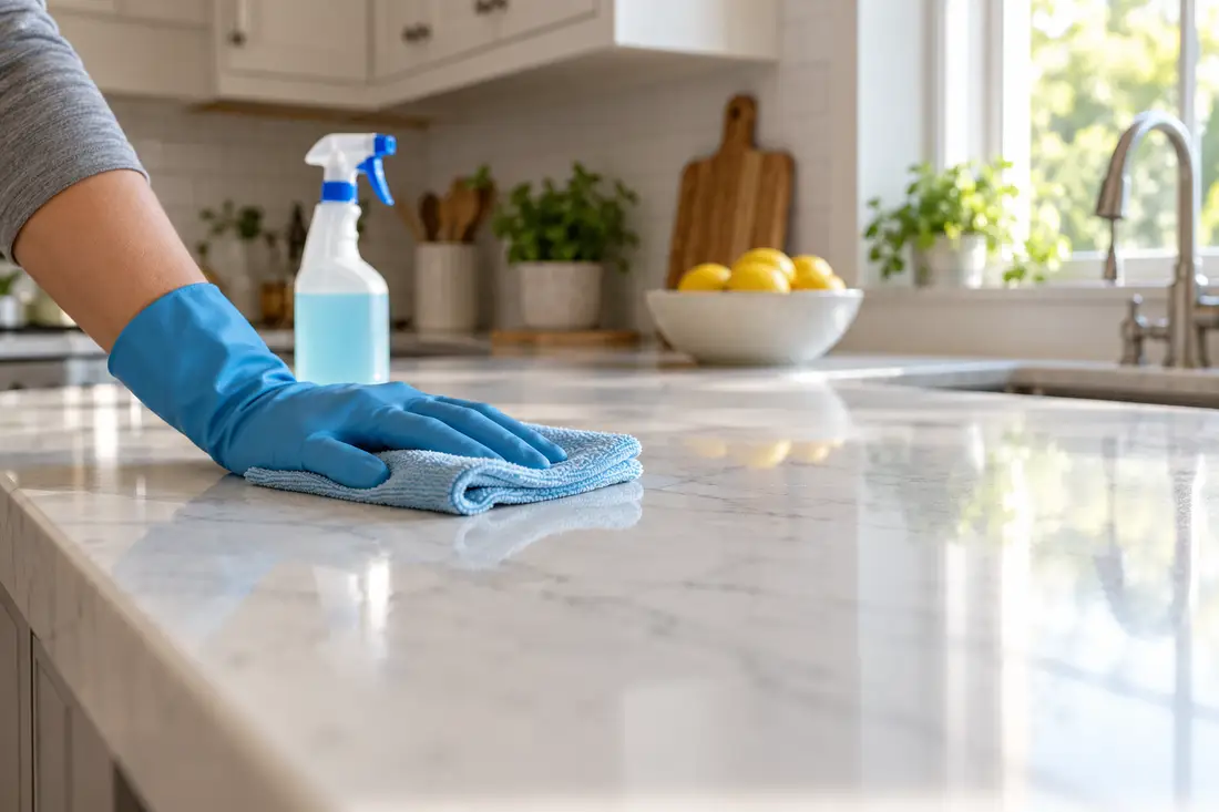 A cleaner in a bright kitchen