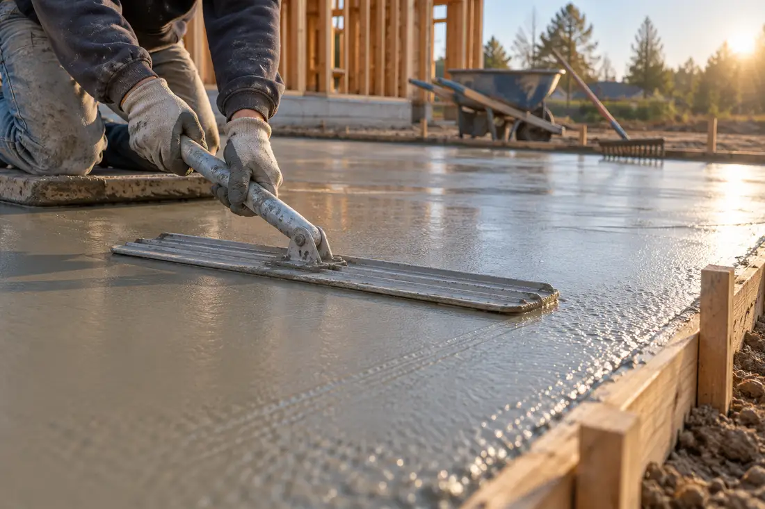 A contractor measuring a slab or a crew on a job site