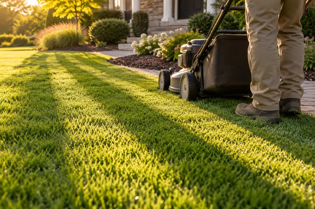 A crew mowing or laying pavers