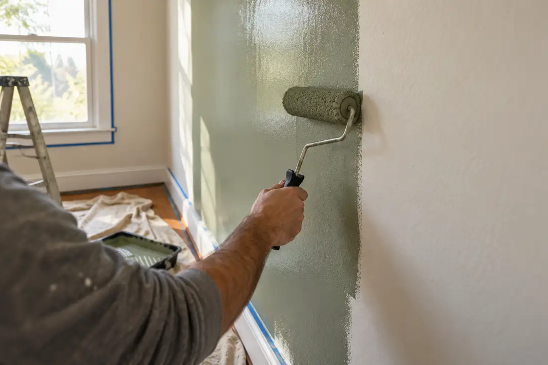 A painter rolling a wall or a freshly painted room