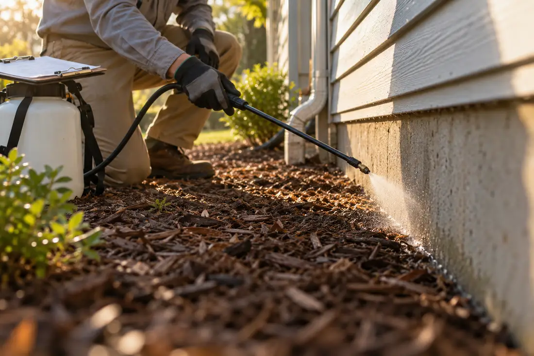 A technician spraying around a house foundation