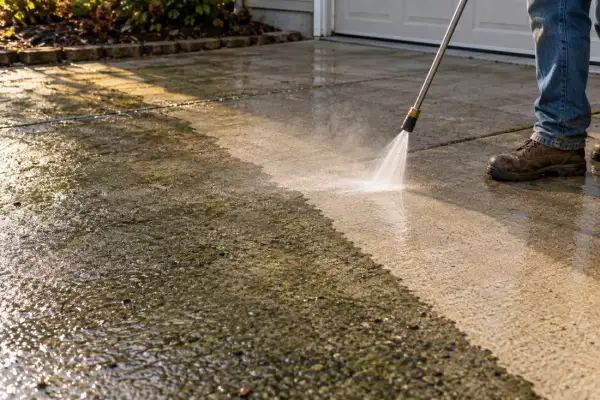A half cleaned driveway showing before and after