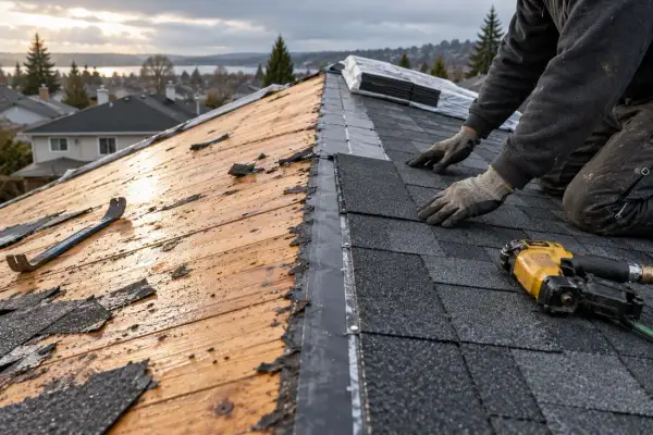 A roofer on a roof or a crew tearing off shingles