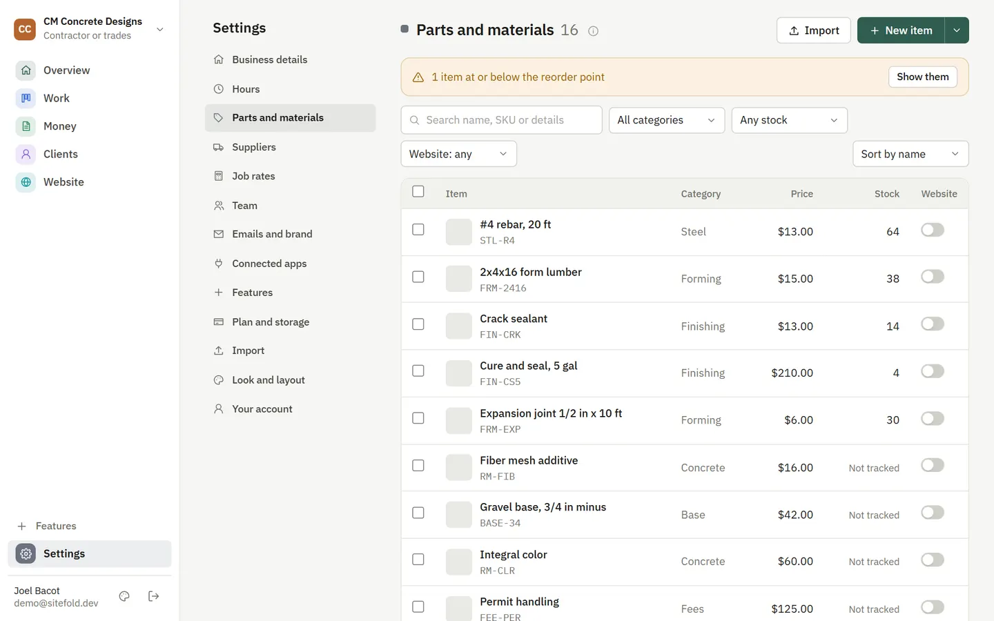 The parts list with suppliers